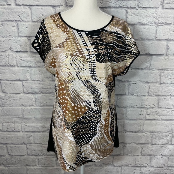 Tanjay Short Sleeve Abstract Gold Writing Print Tunic Length Top Size Small - Picture 2 of 9
